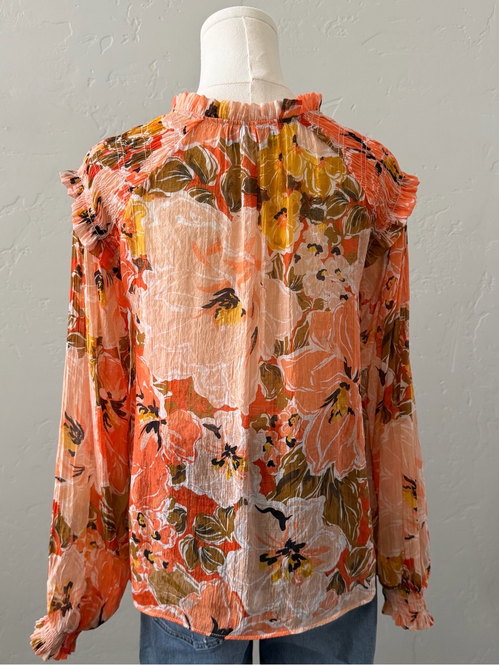 MINKPINK Dex Floral Blouse XS Coral Sheer Boho Long Sleeve Feminine - Picture 3 of 14